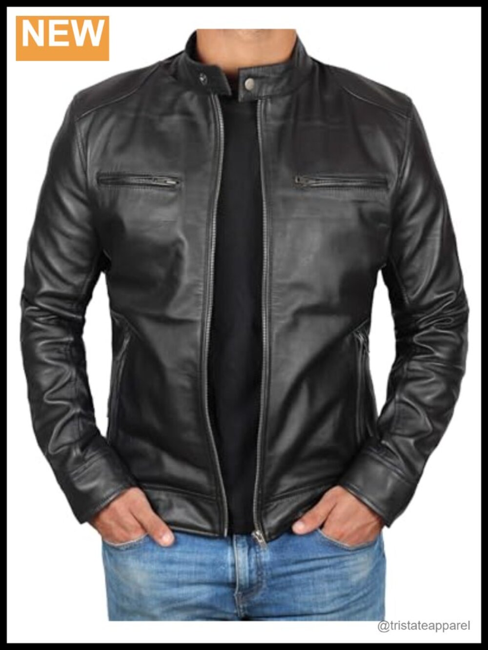 Men's Real Lambskin Cafe Racer Leather Jacket Motorcycle Style